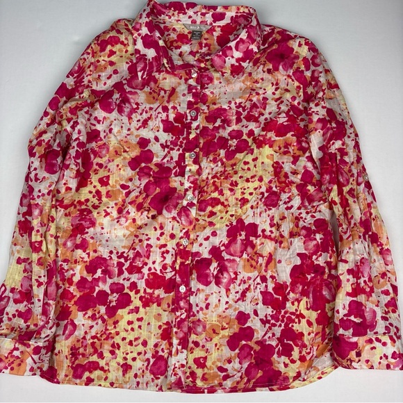 White Stag Tops - White Stag Women XXL Shirt Pink White Yellow Floral Long Sleeve Roll Tab Cotton